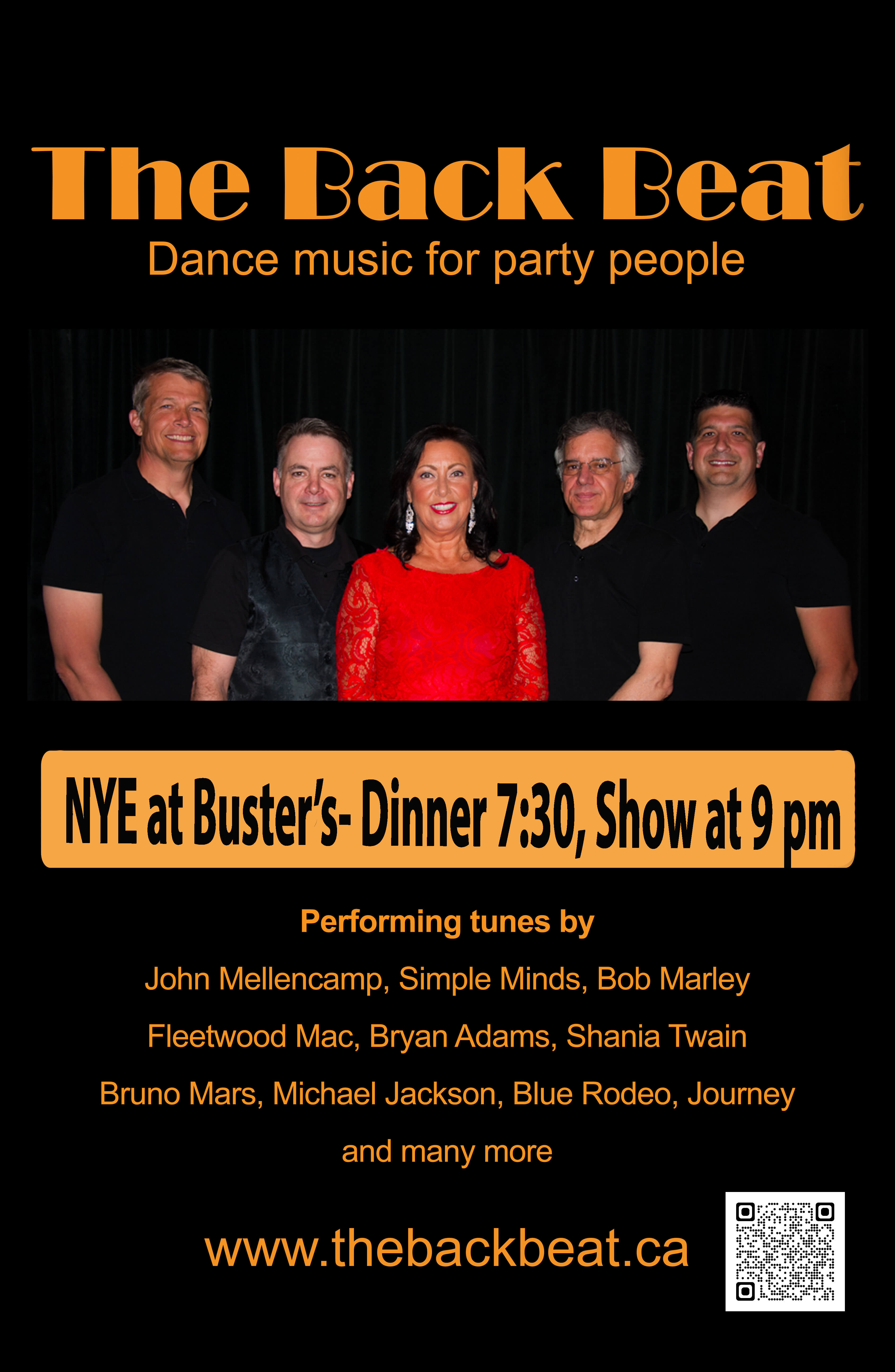 Promo - The Back Beat - Dance music for party people - NYE at Busters - Dinner 7:30pm, Show at 9pm - Performing tunes by Bob Marley and various artists