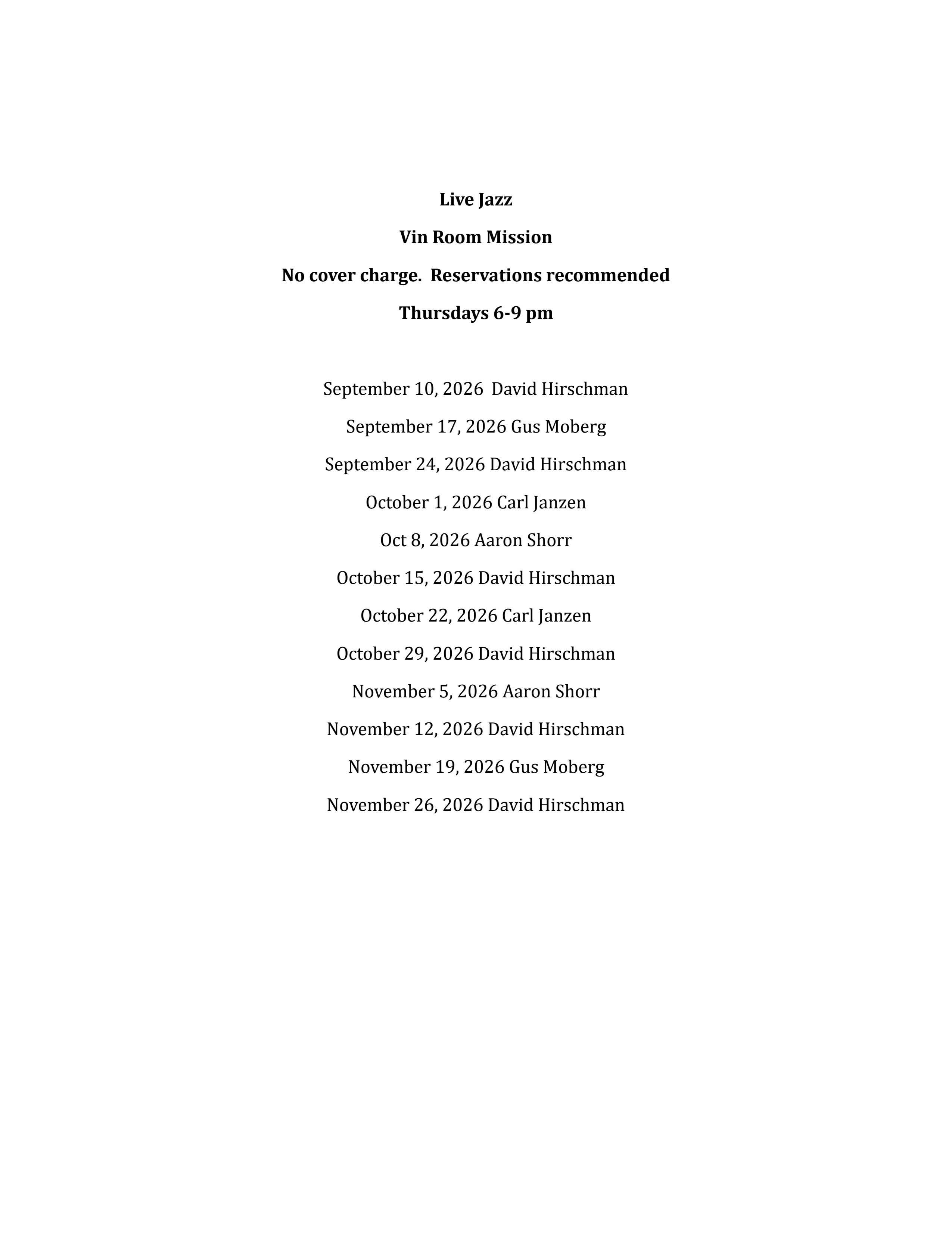 Live Jazz Schedule Preview 2