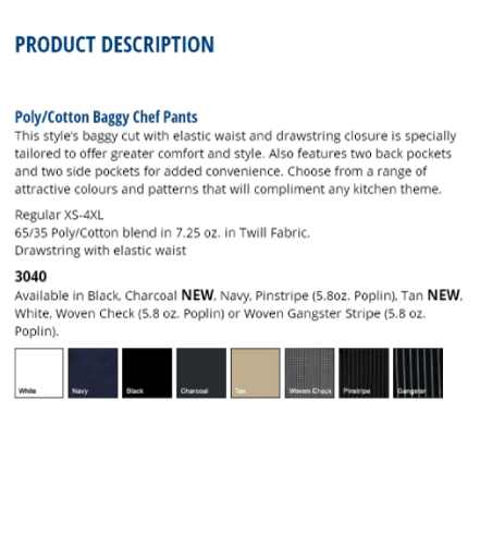 Poly cotton baggy chef pants